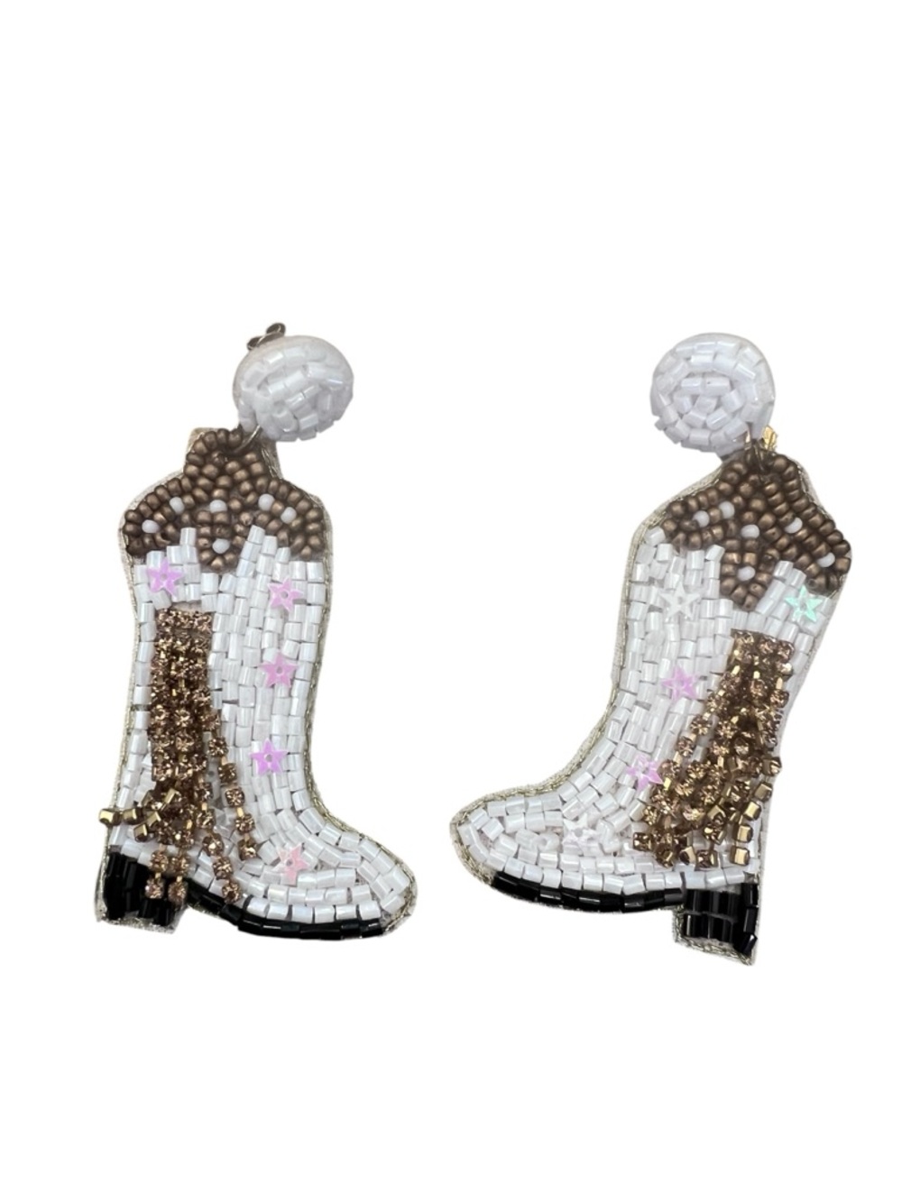 Beaded Cowboy Boot Earrings – White Gold Pink Stars Western Statement